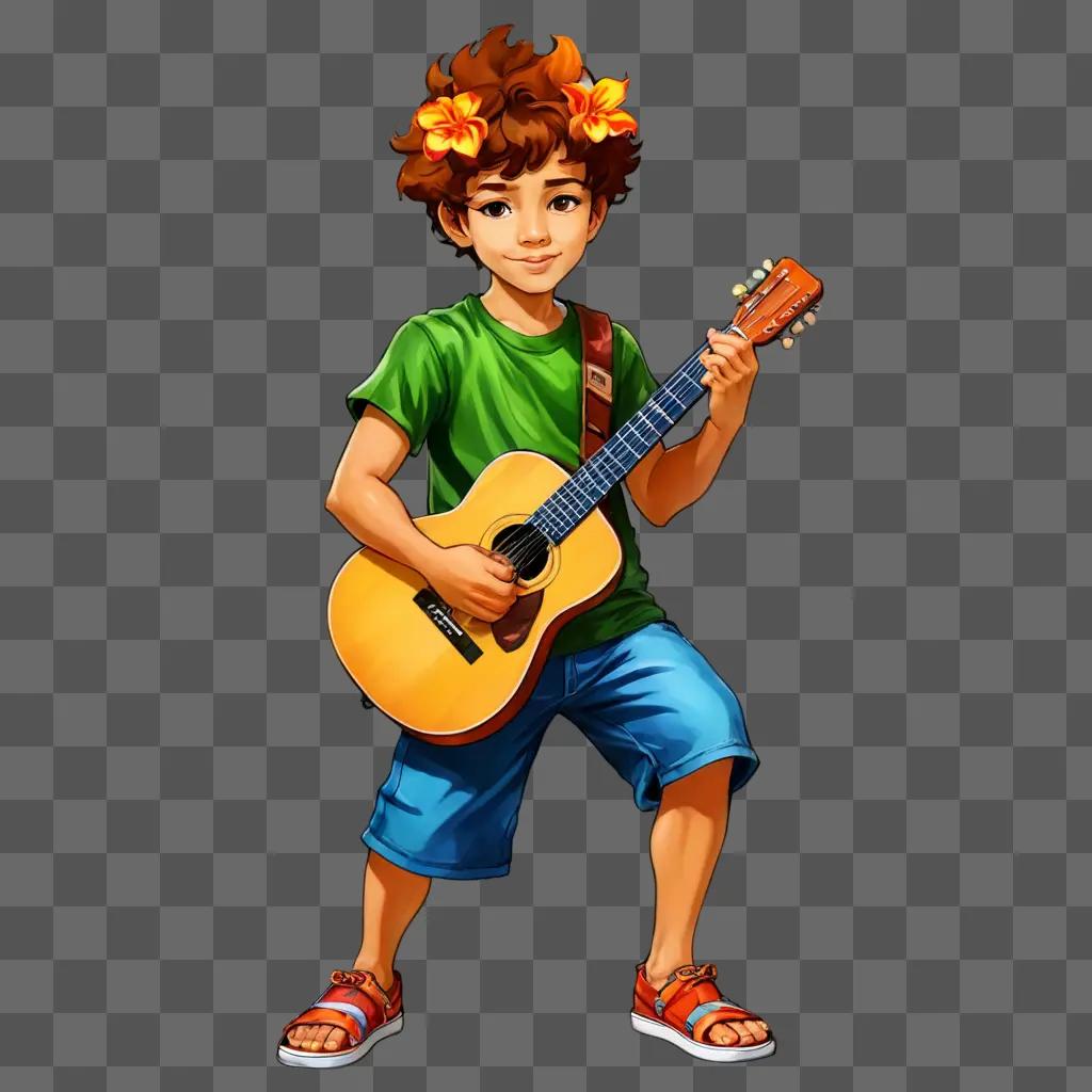 hawaii flower drawing Young boy with flowers in his hair plays guitar