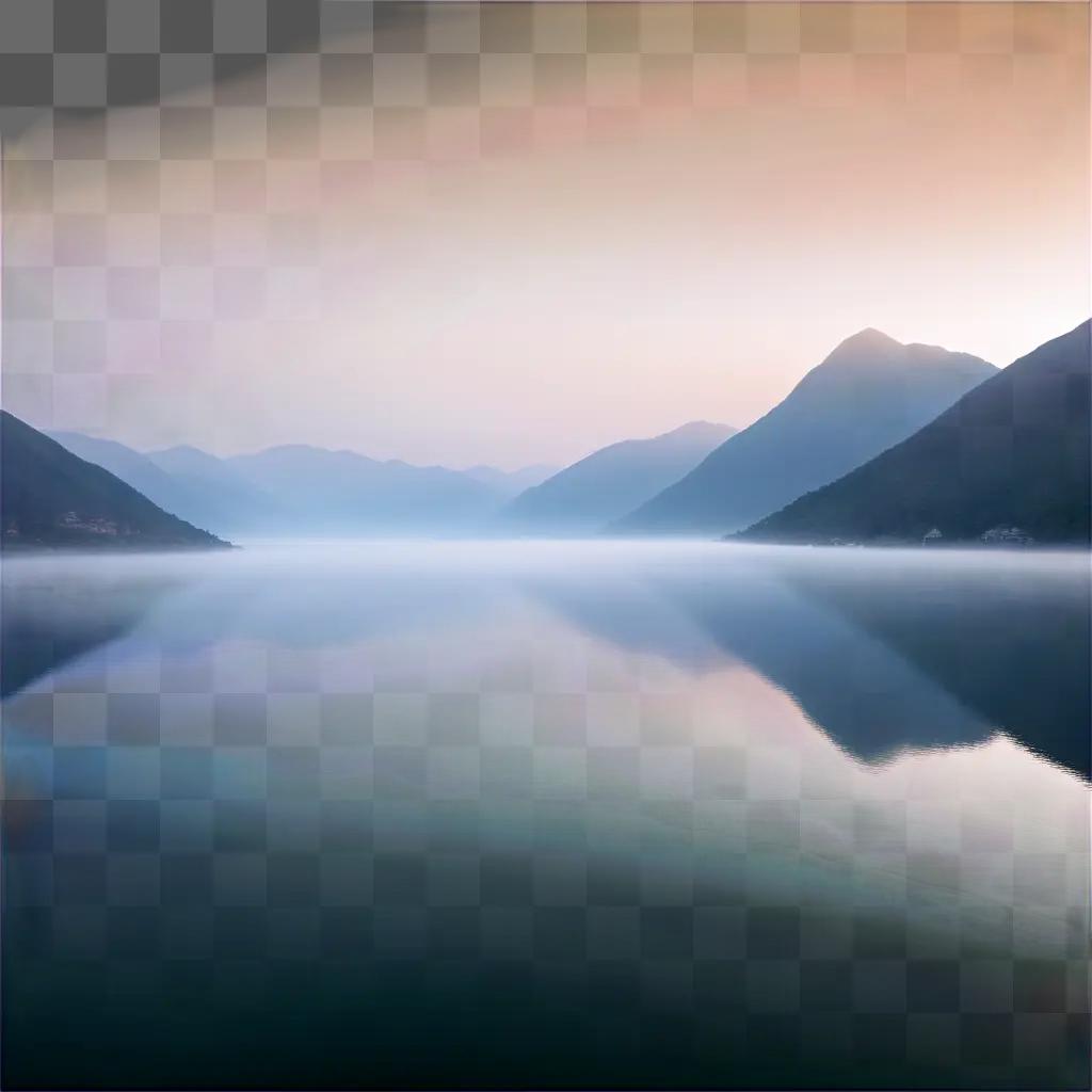 hazy mountain landscape with a calm lake in the foreground