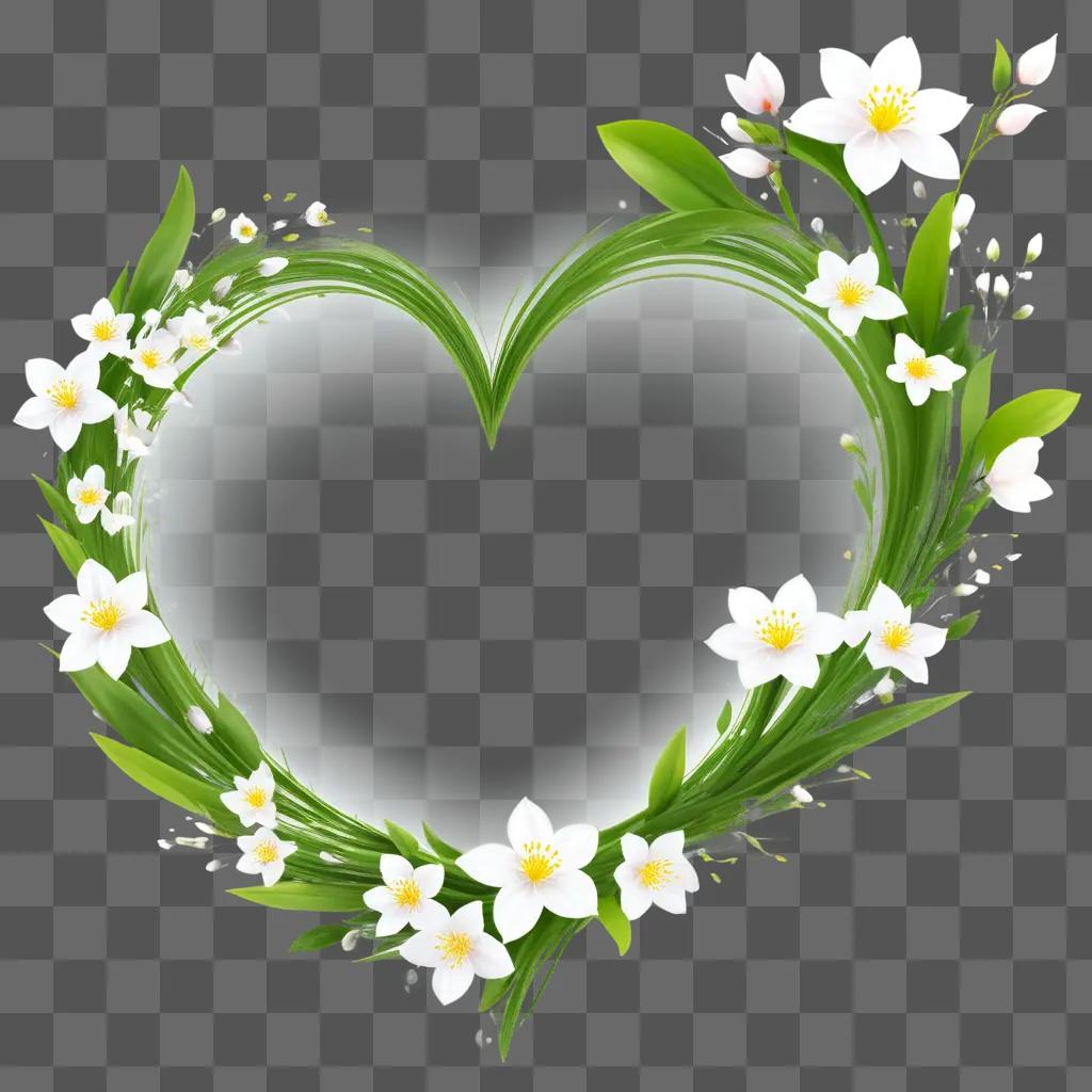 heart made of flowers and leaves on a green background