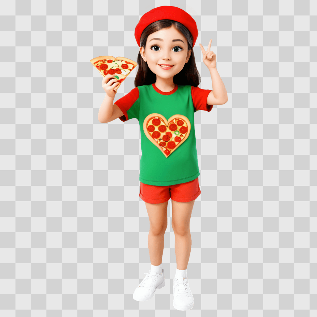 heart pizza clipart A girl in a red hat and green shirt holds a slice of pizza