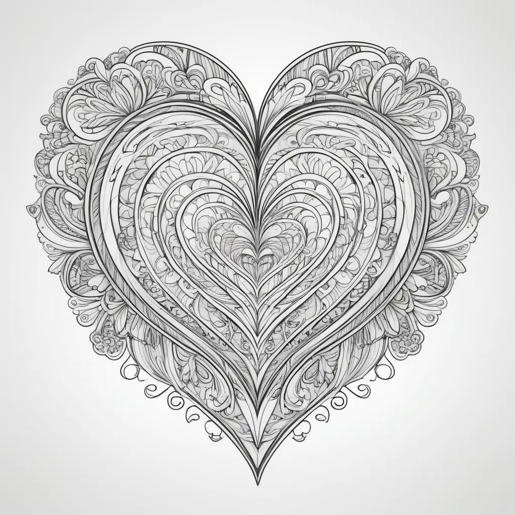 heart-shaped coloring page with intricate details