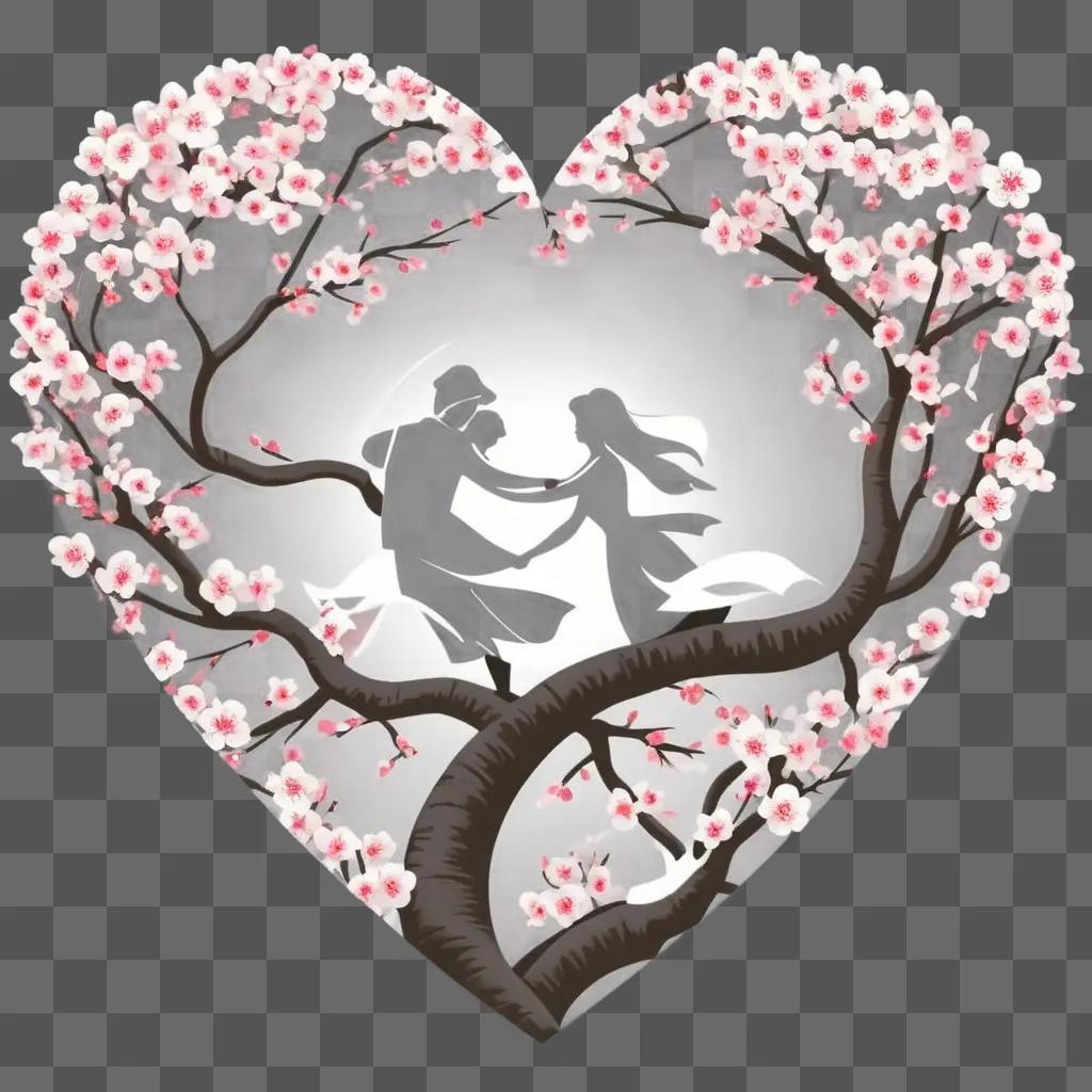 heart with a couple dancing under cherry blossoms