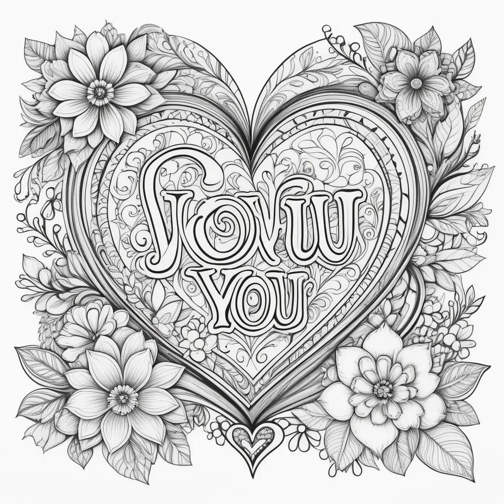 heart with floral designs and the word i love you in black and white