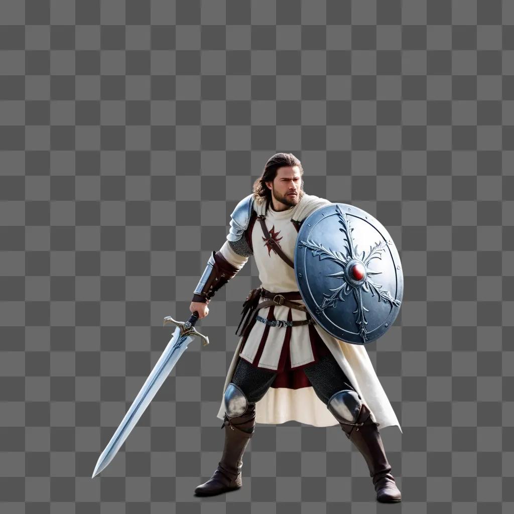 hero with a sword and shield stands ready