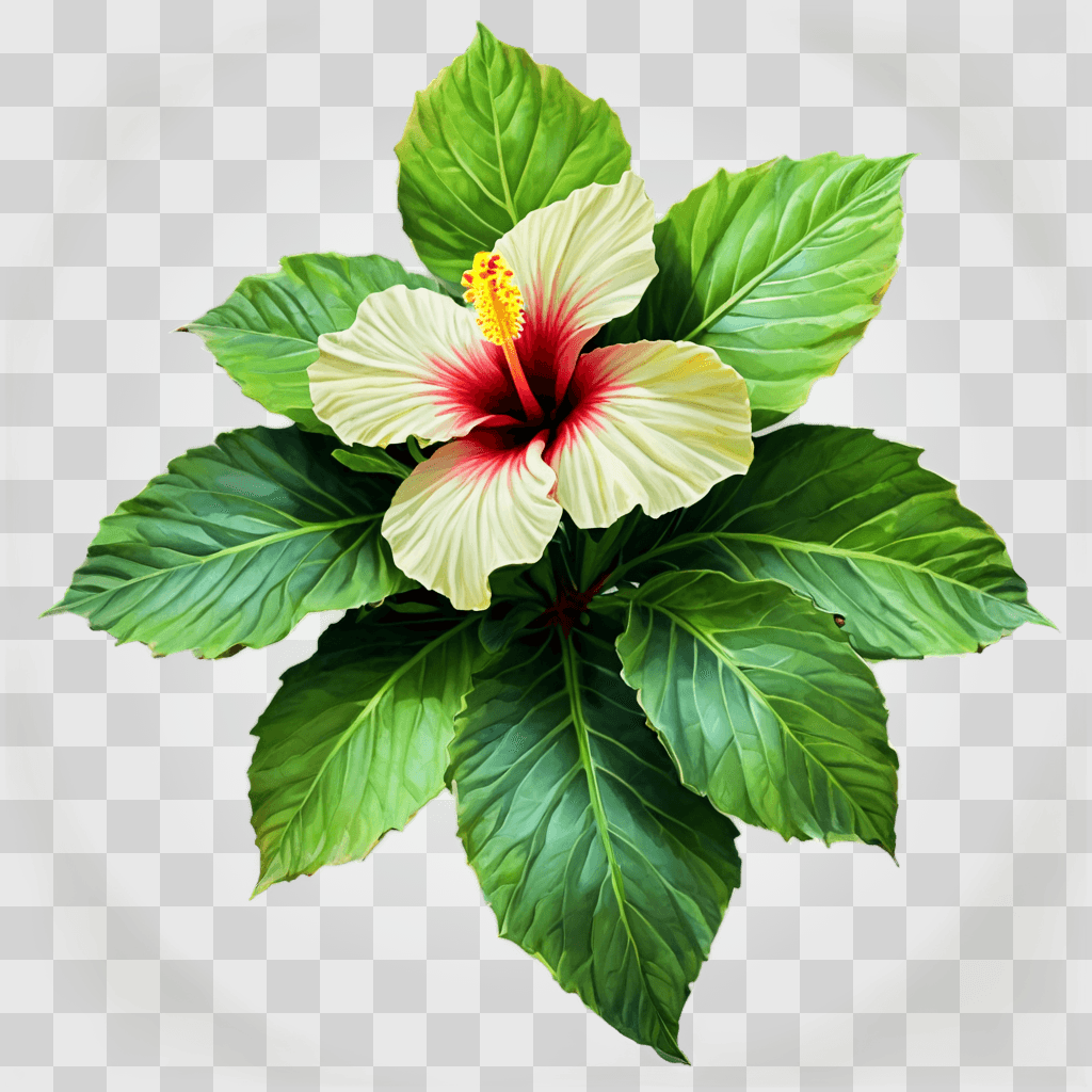 hibiscus flower drawing A flower with yellow center and red petals is surrounded by green leaves