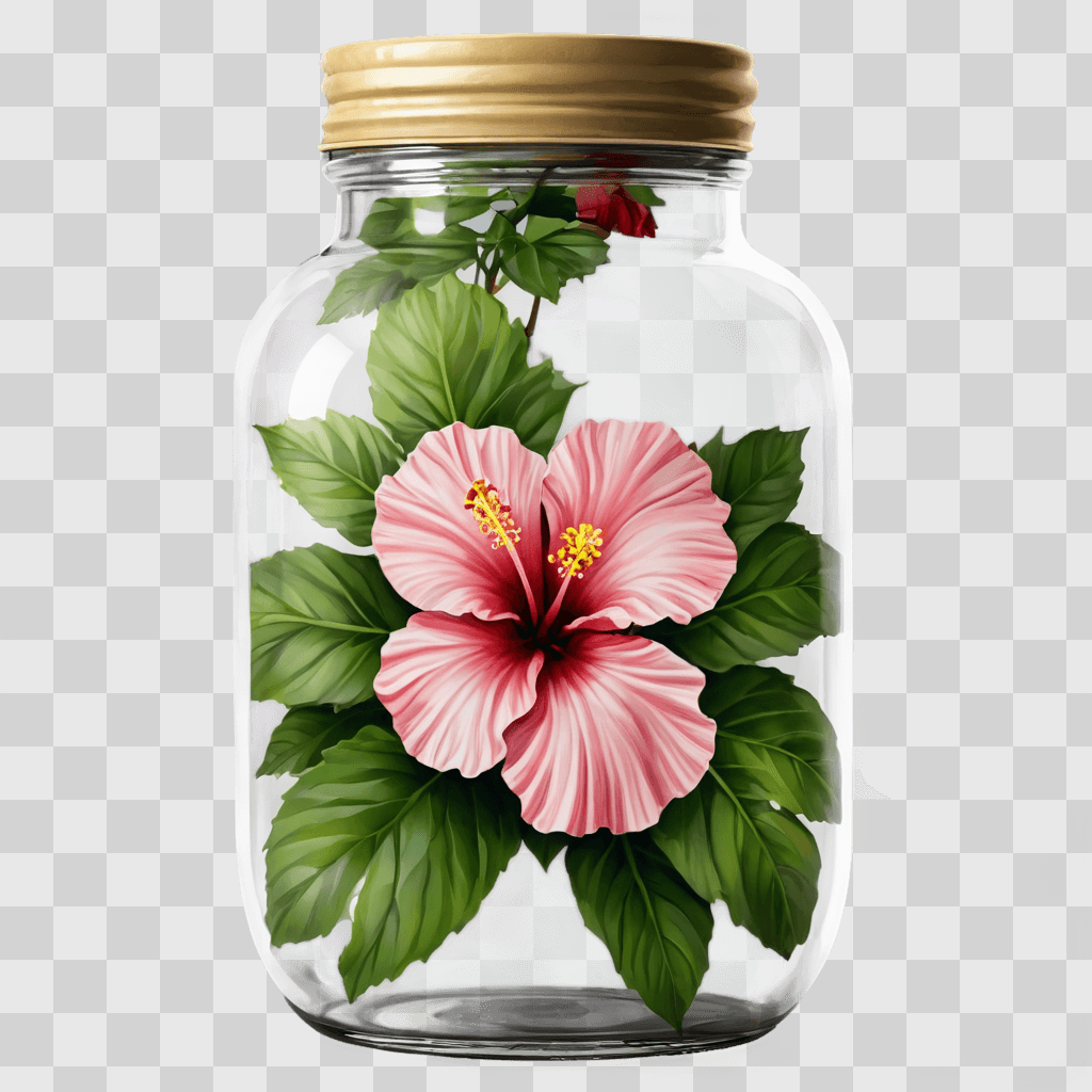 hibiscus flower drawing A glass jar with a pink flower and green leaves inside it