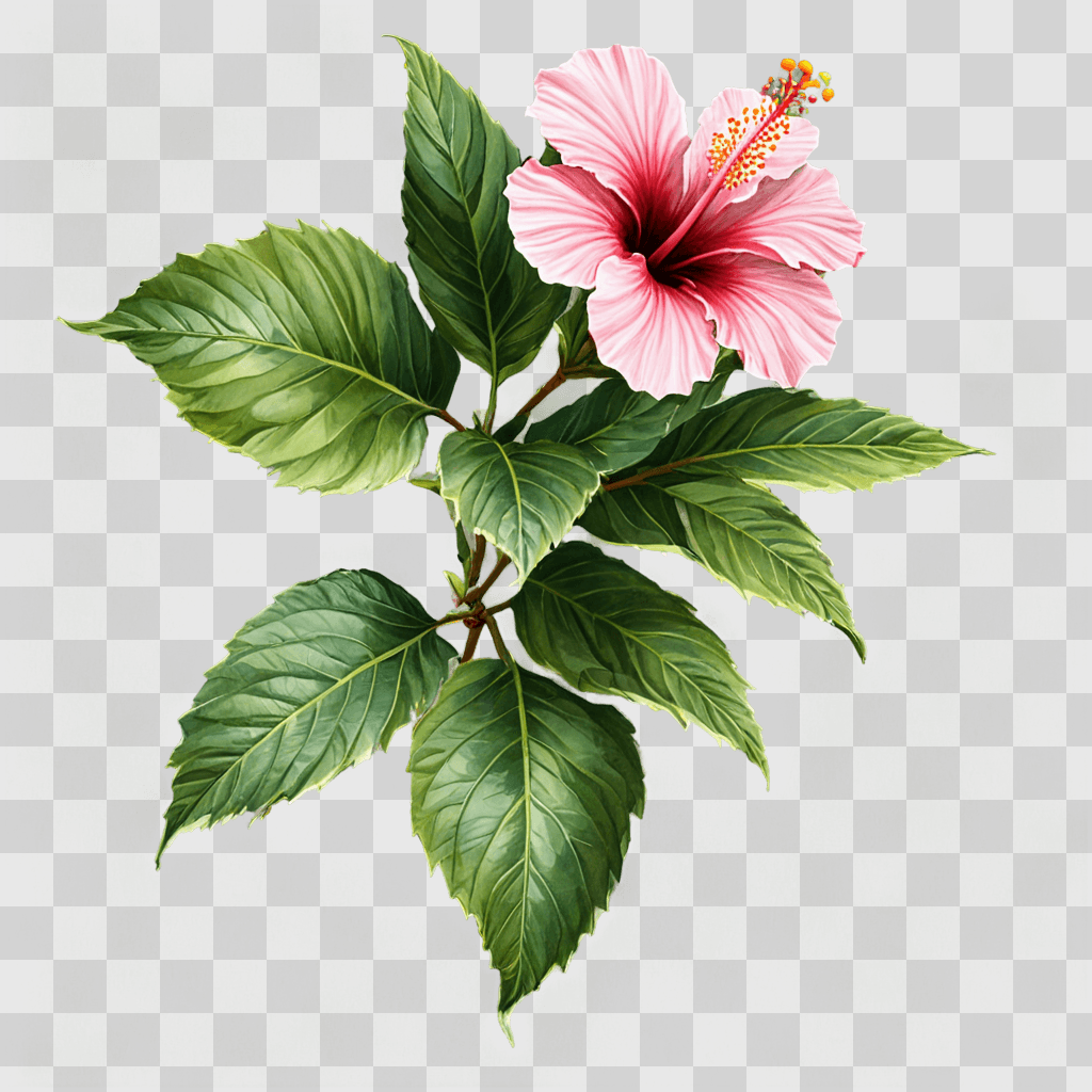 hibiscus flower drawing A pink and green flower with leaves