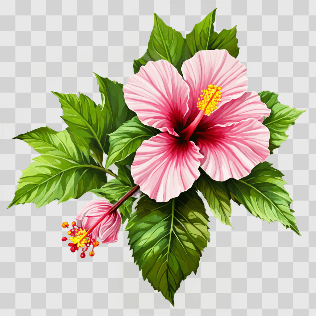 hibiscus flower drawing A pink and red flower with green leaves