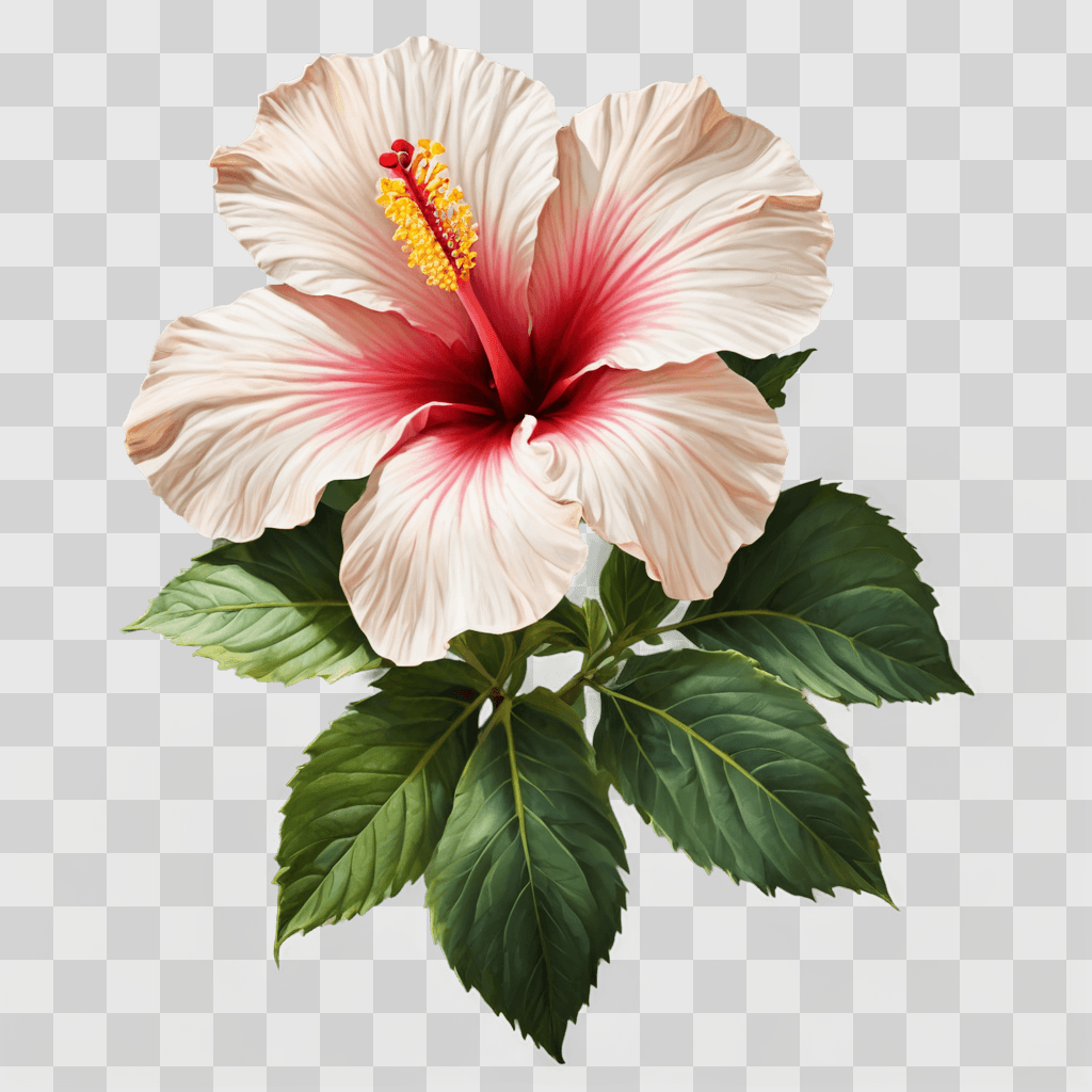 hibiscus flower drawing A pink and white flower with green leaves