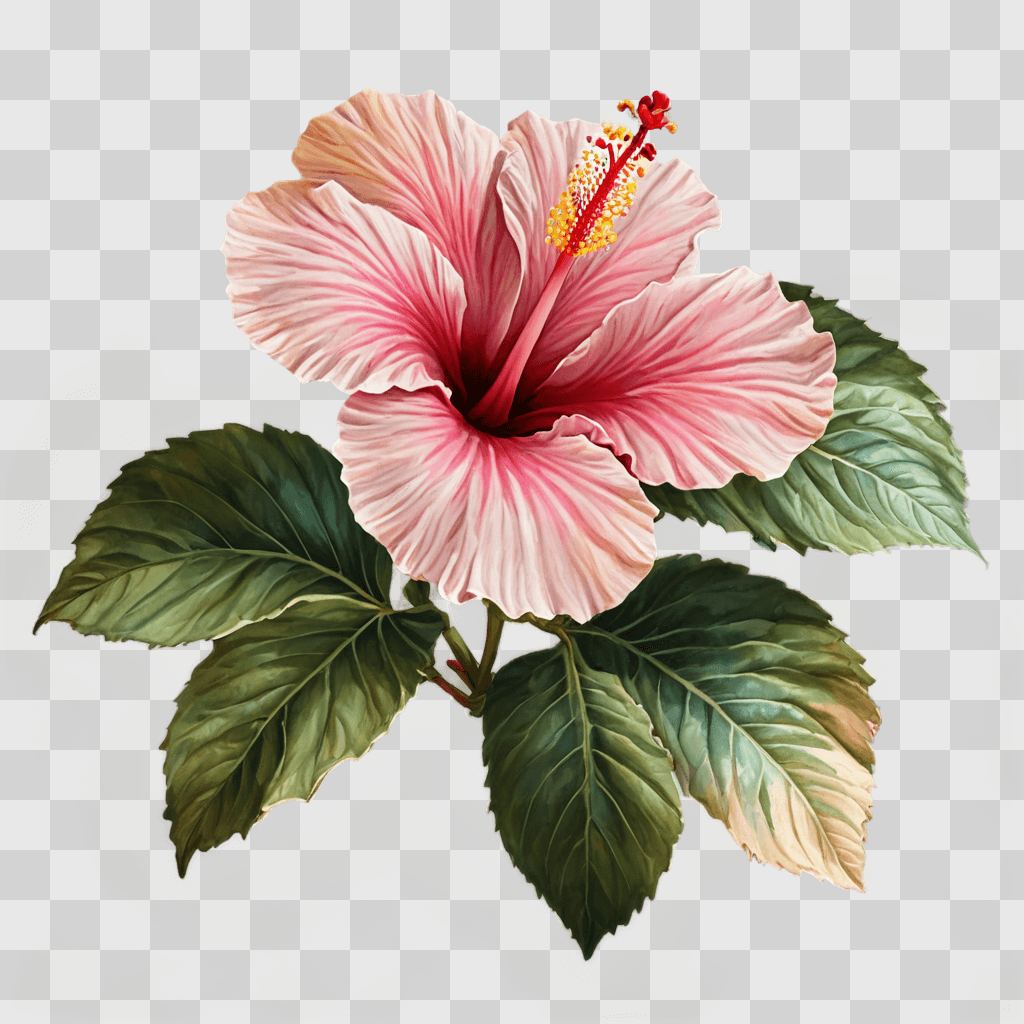 hibiscus flower drawing A pink flower with a red stem and green leaves