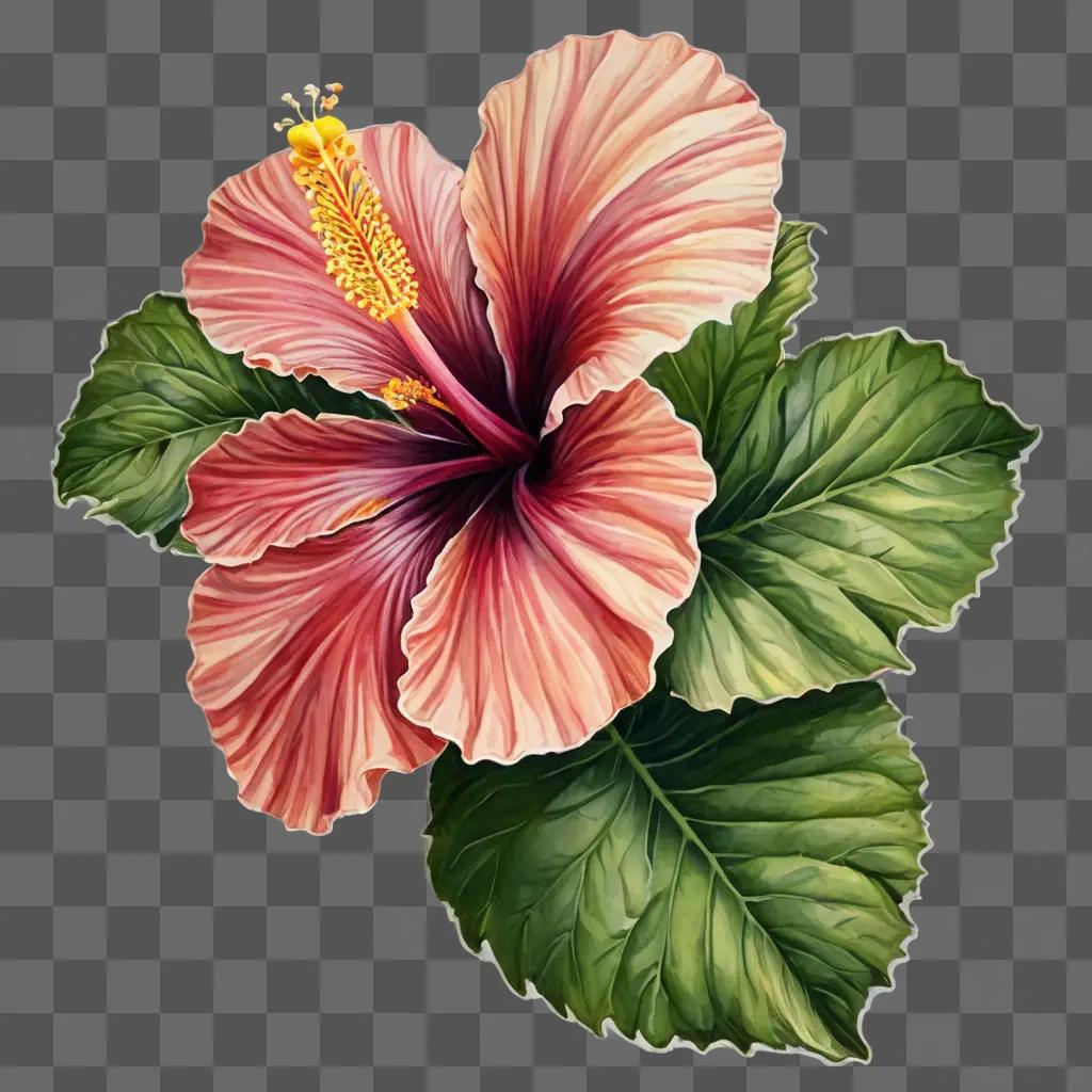 hibiscus flower drawing A pink flower with green leaves against a green background