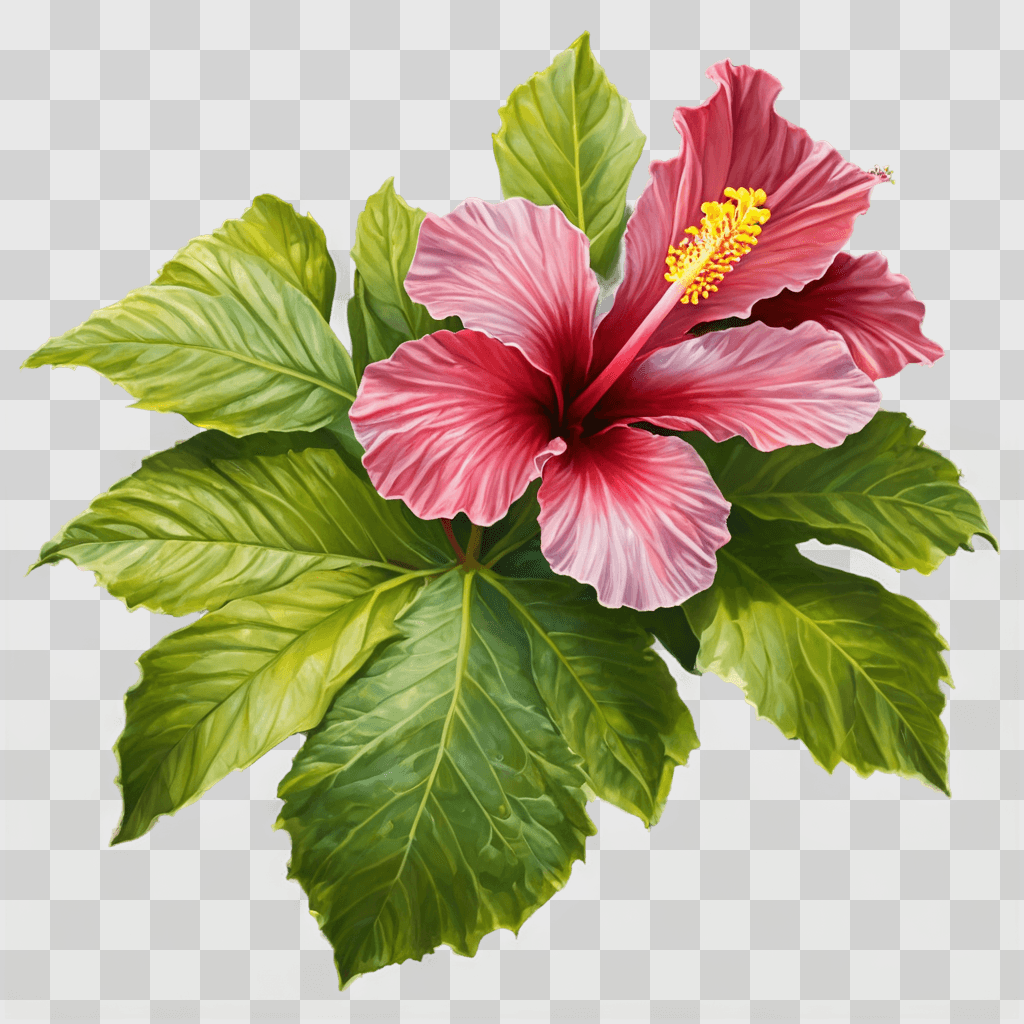 hibiscus flower drawing A pink flower with green leaves against a green background