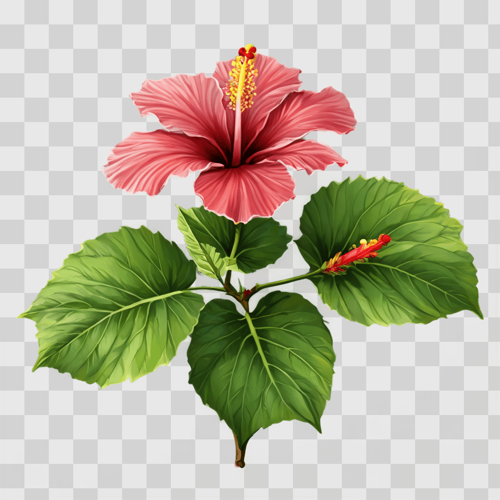 hibiscus flower drawing A pink flower with red petals and green leaves