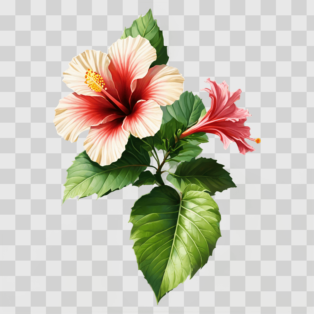 hibiscus flower drawing A red and pink flower with green leaves