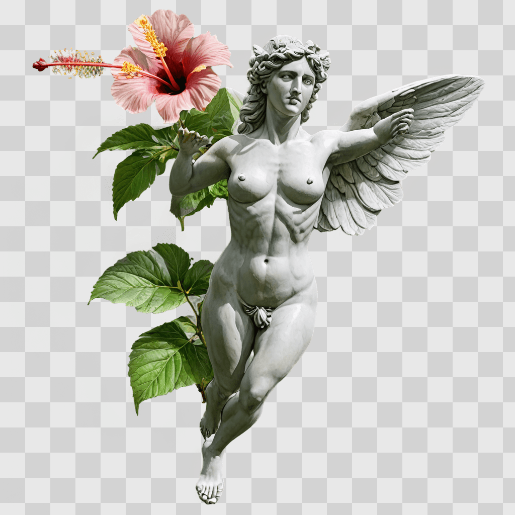 hibiscus flower drawing A statue of an angel with a pink flower in its hands