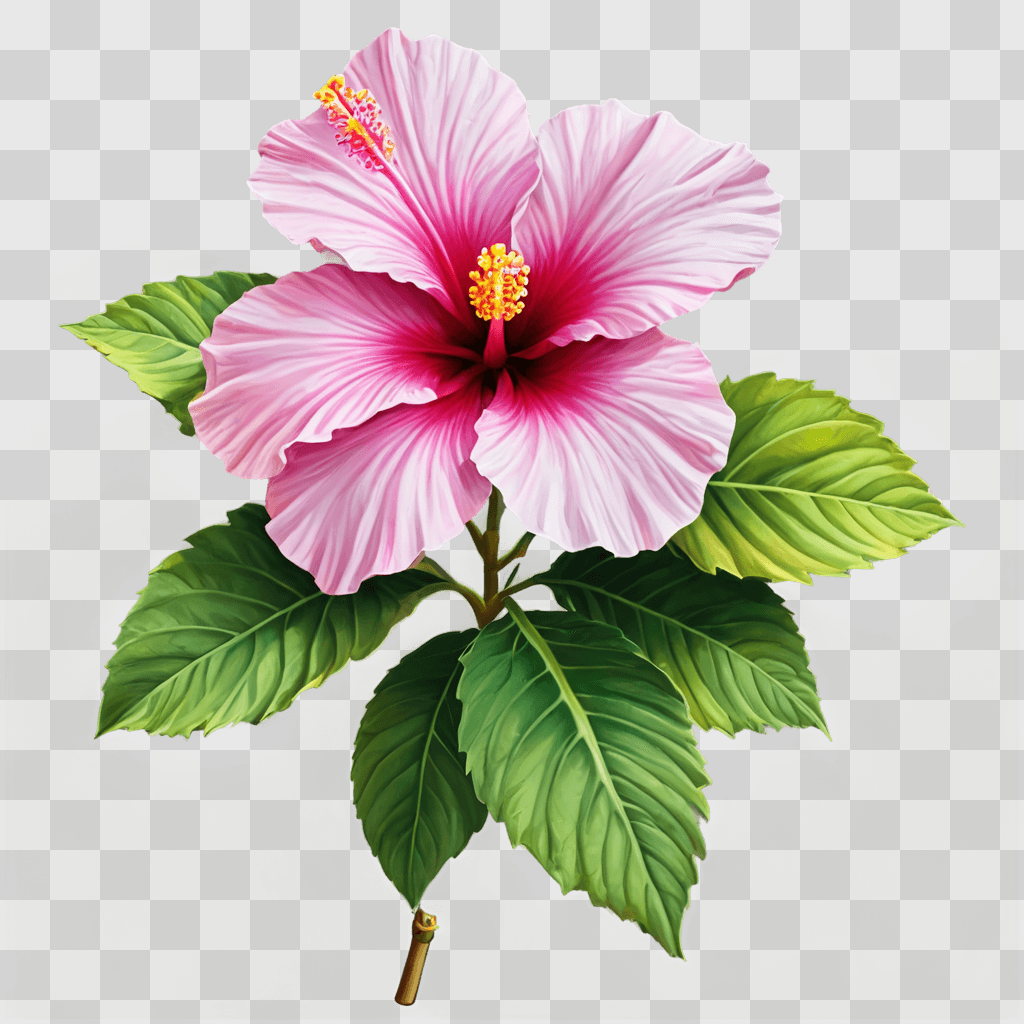 hibiscus flower drawing A vibrant pink flower with green leaves