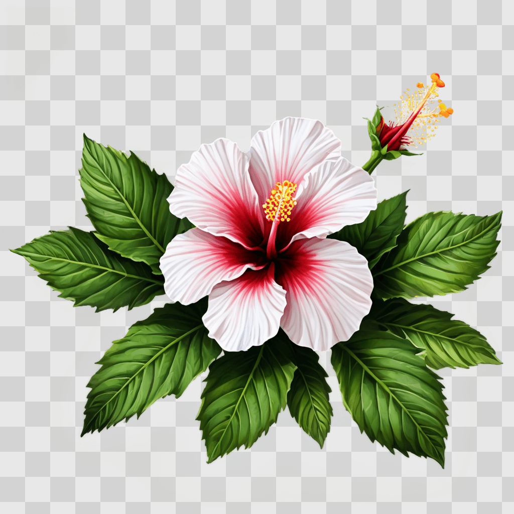 hibiscus flower drawing A vibrant red and white flower with green leaves