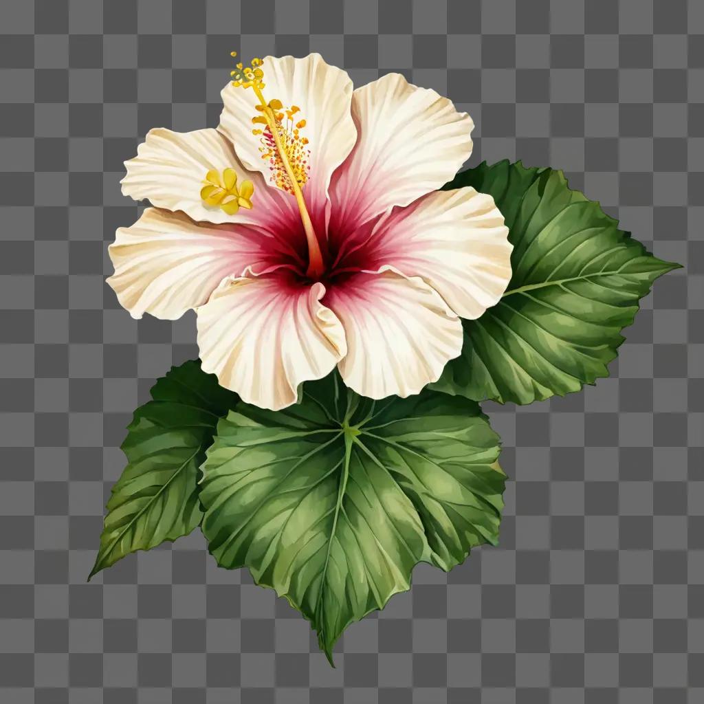 hibiscus flower drawing A vibrant white and pink flower with green leaves