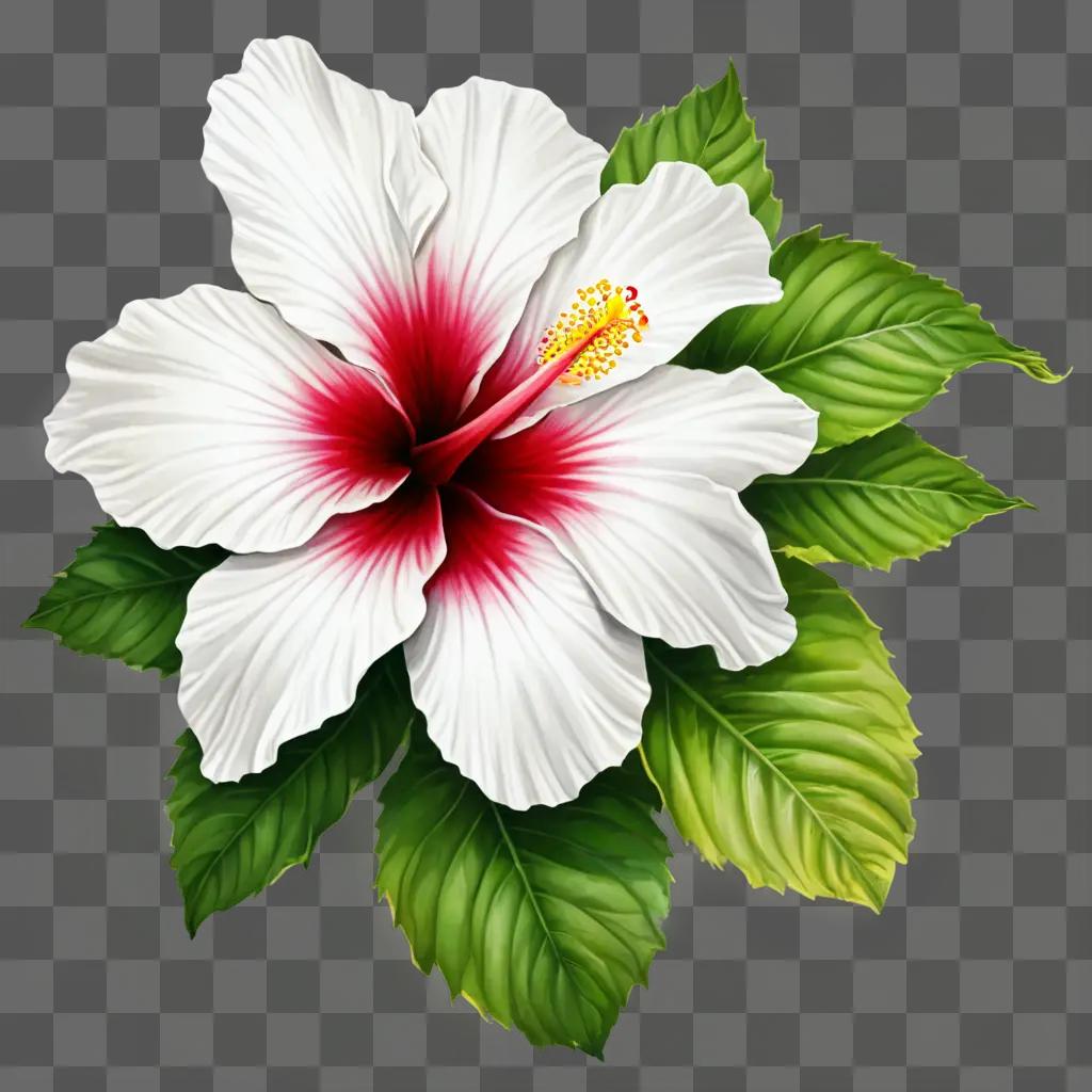 hibiscus flower drawing A white and red flower with green leaves