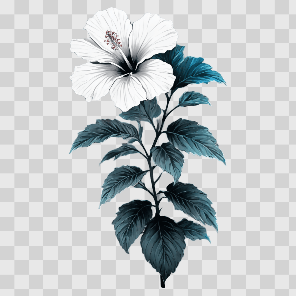 hibiscus flower drawing A white flower with green leaves on a blue background