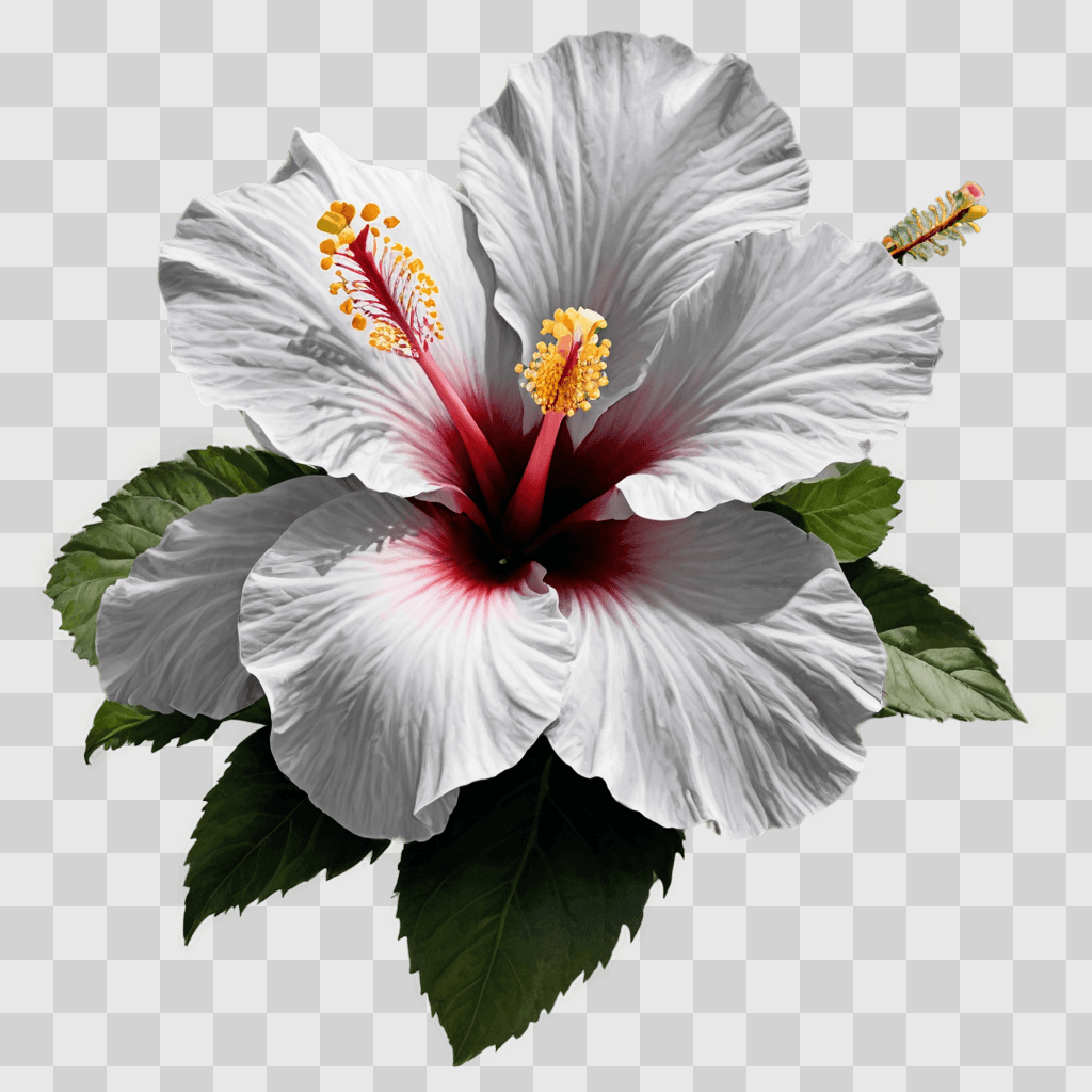 hibiscus flower drawing A white flower with red centers and green leaves