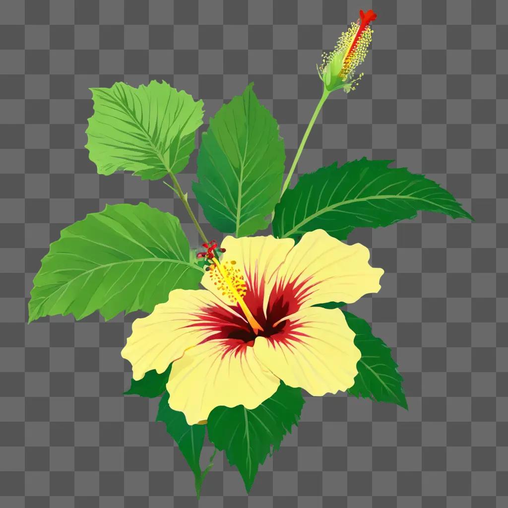 hibiscus flower drawing A yellow flower with red center surrounded by green leaves