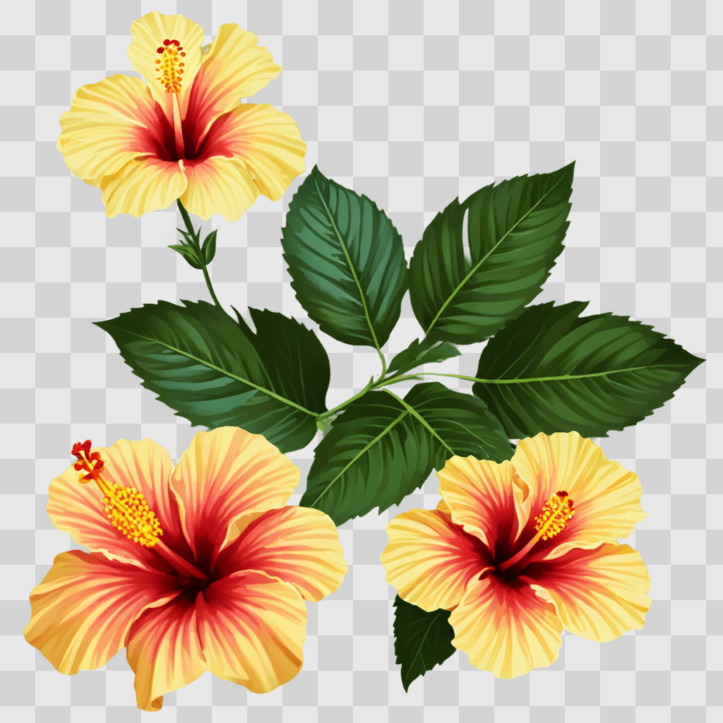 hibiscus flower drawing Hibiscus flowers with green leaves and stems