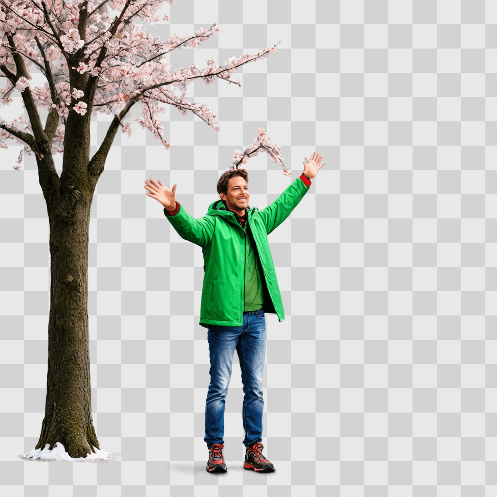 high resolution christmas background Man in green jacket stands in front of tree