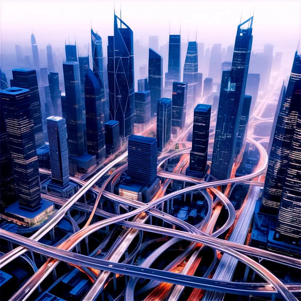 high-rise cityscape with multiple highways and a network of bridges