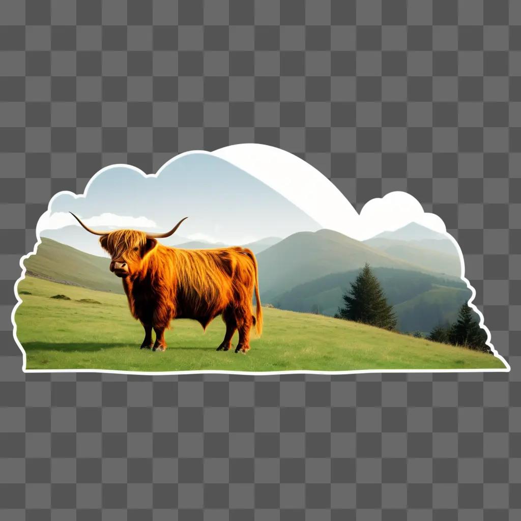 highland cow in a field with mountains in the background