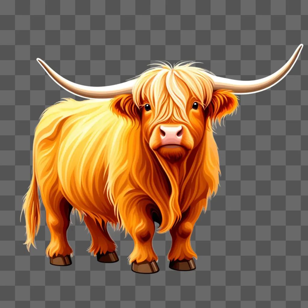 highland cow with a horn, standing against a brown background