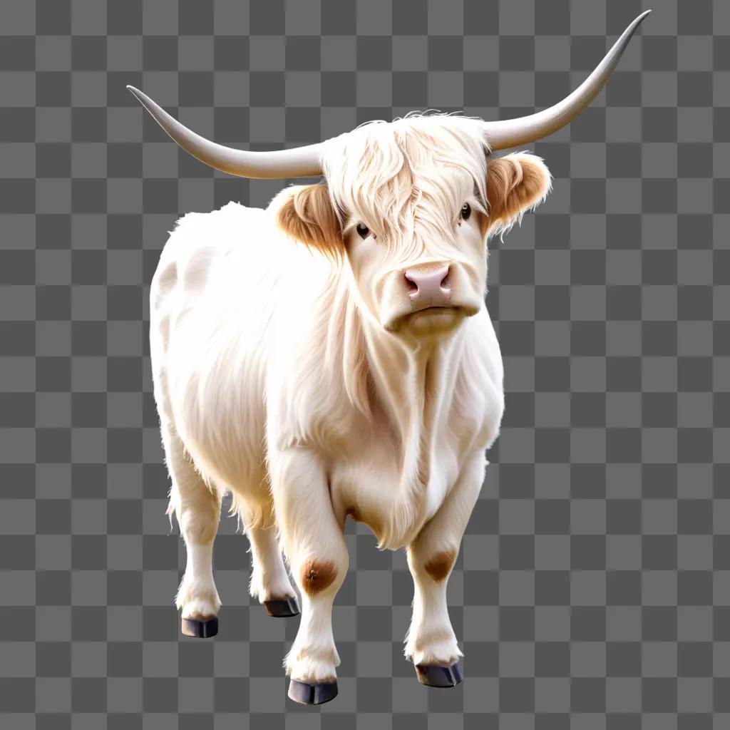 highland cow with long horns standing on a beige background