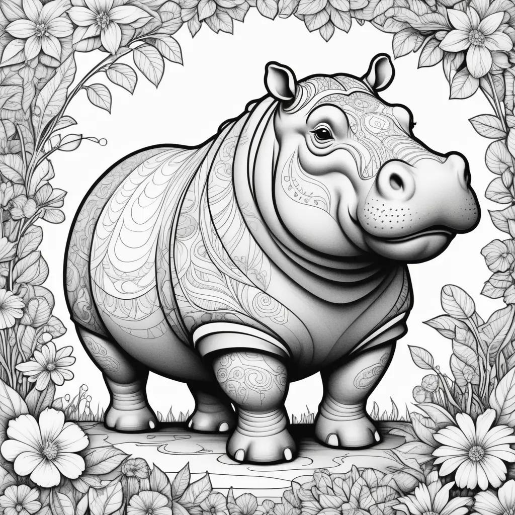 hippo coloring page with a decorative border