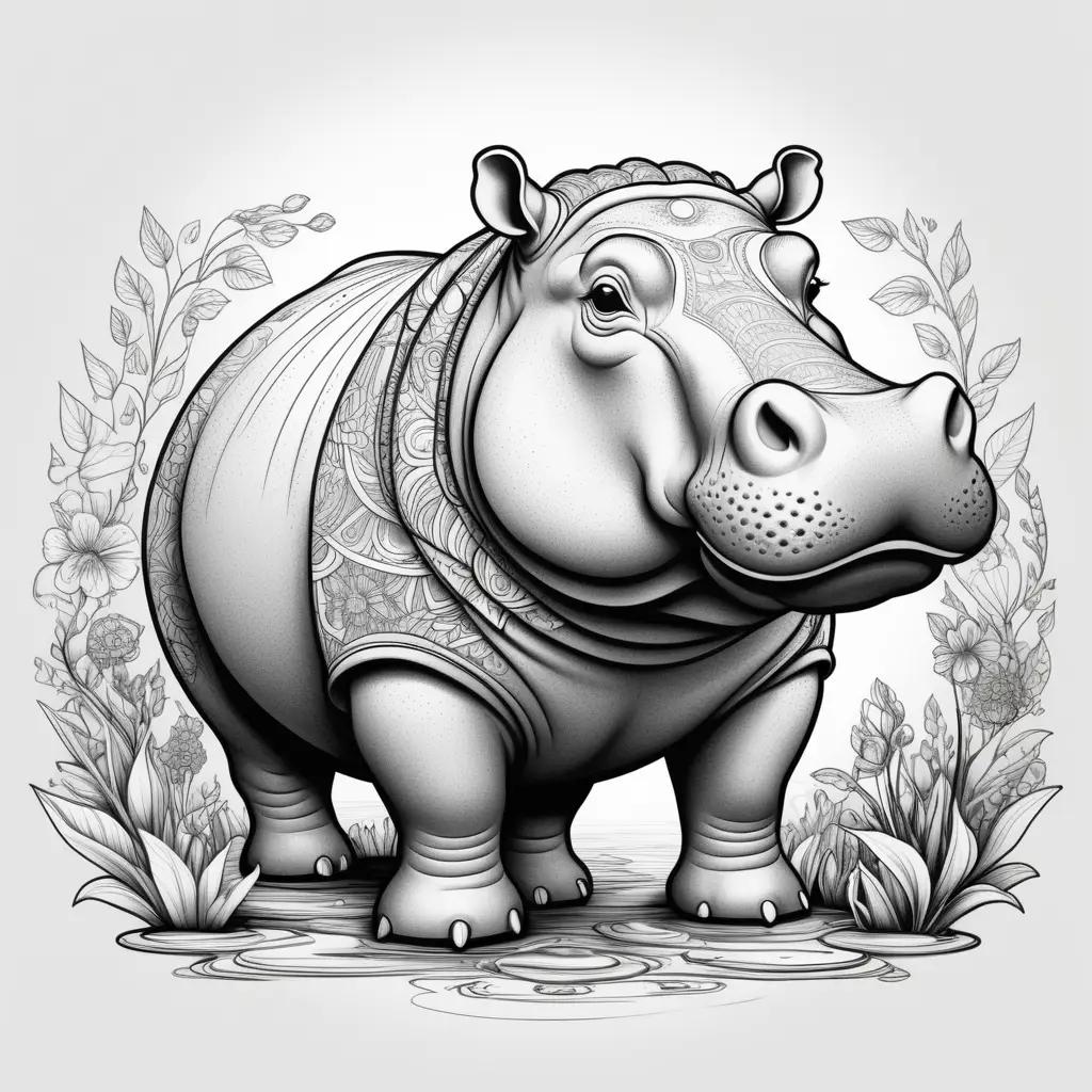 hippo coloring page with a floral border