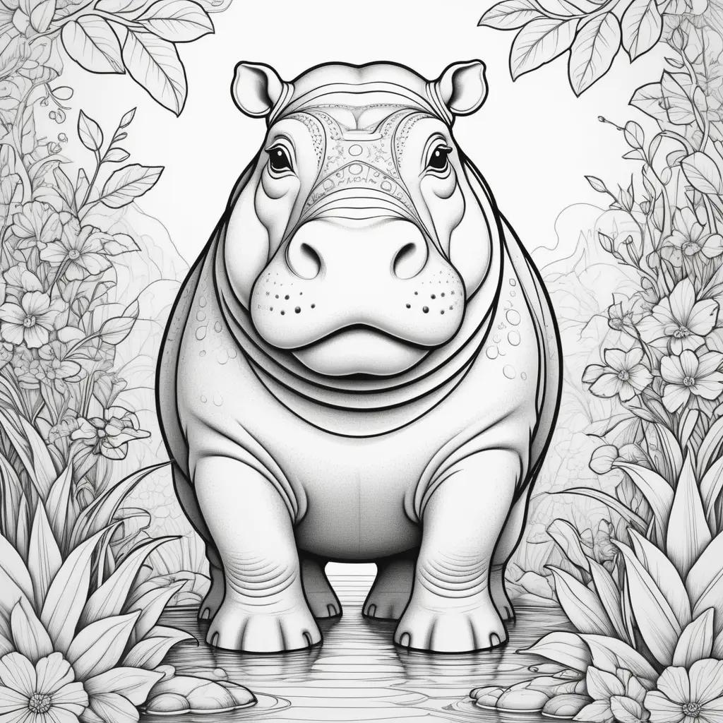 hippo coloring page with flowers and leaves