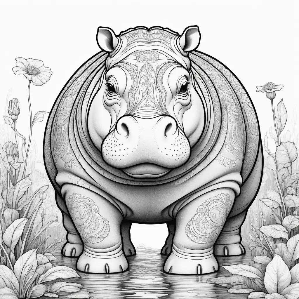 hippo coloring page with intricate designs