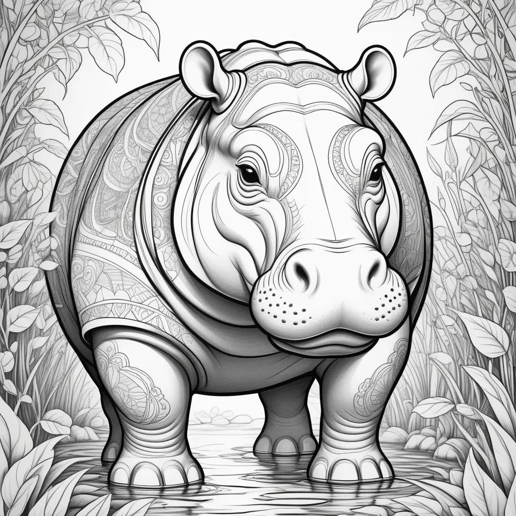 hippo coloring page with intricate details and design elements