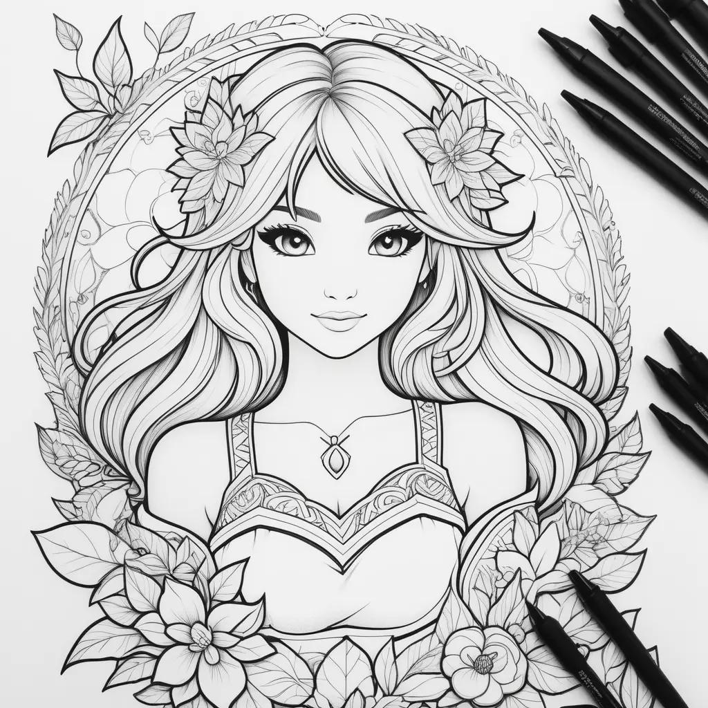 hmau coloring pages: a drawing of a woman with flowers and jewelry