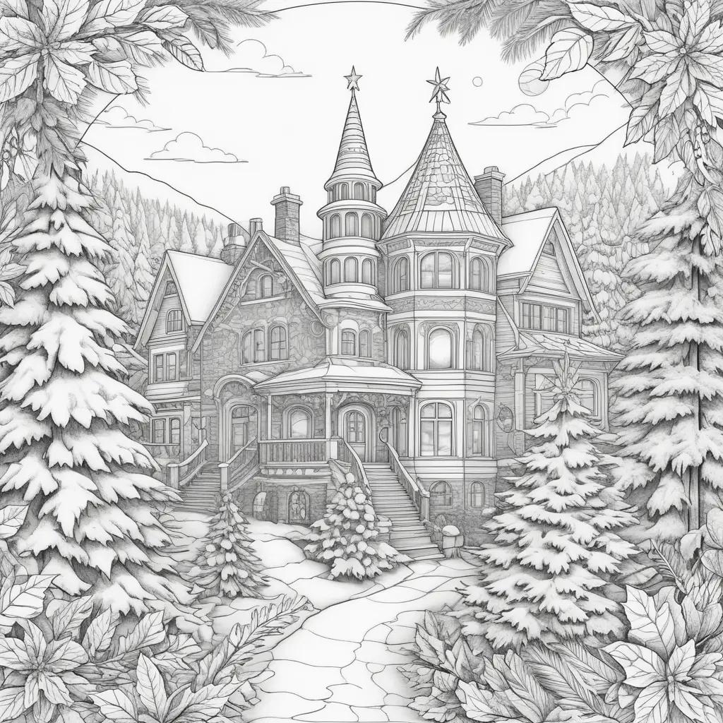 holiday drawing of a castle with trees and snow