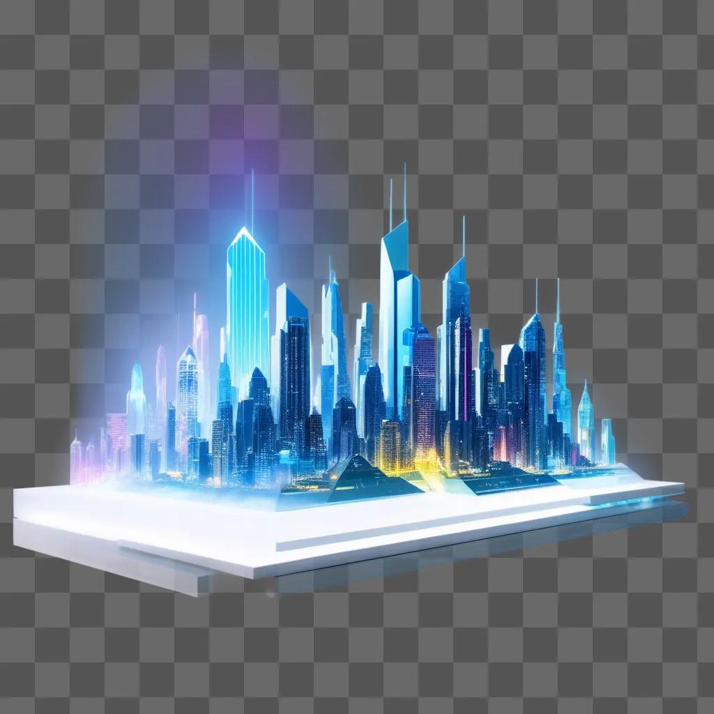 hologram of a city skyline with buildings and lights