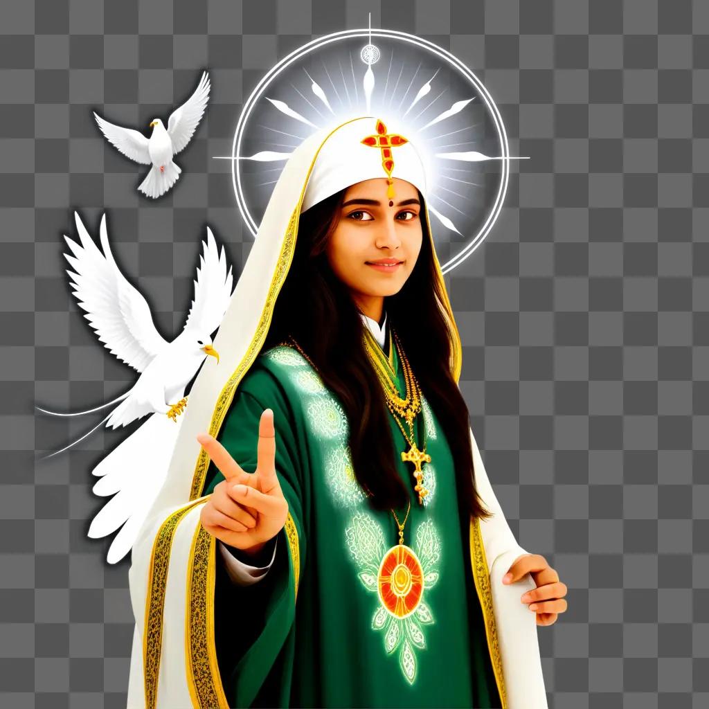 holy woman is giving a peace sign