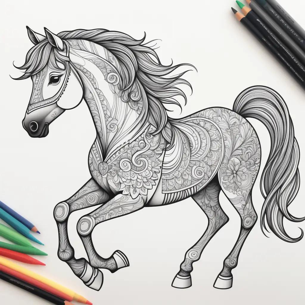 horse coloring page with black and white art and multicolored pencils