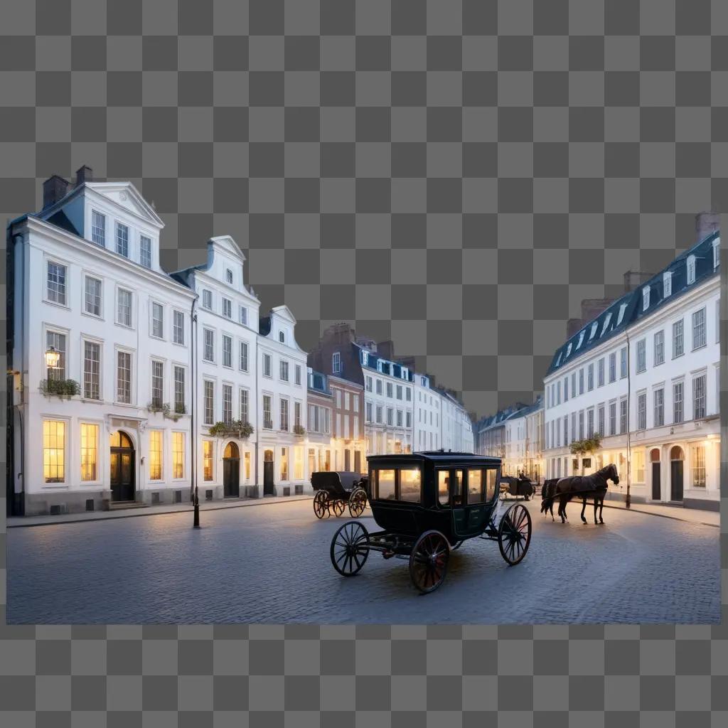 horse-drawn carriage travels down a cobblestone street at night