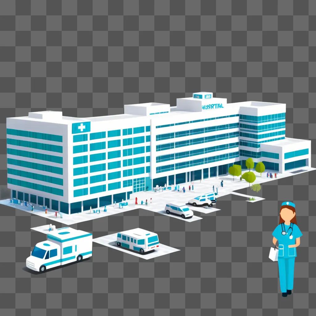 hospital building with a doctor and cars in the parking lot