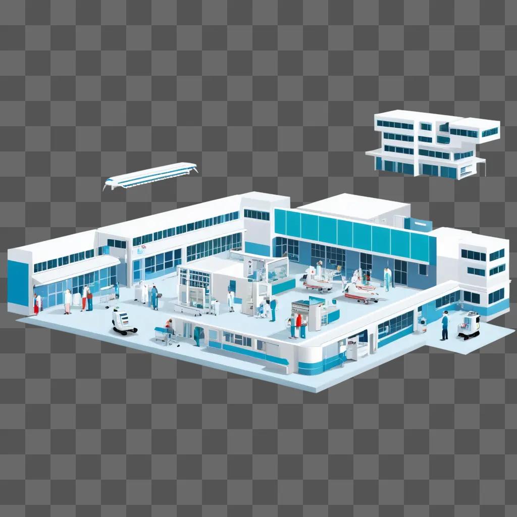 hospital with people and medical equipment in a 3D clipart illustration