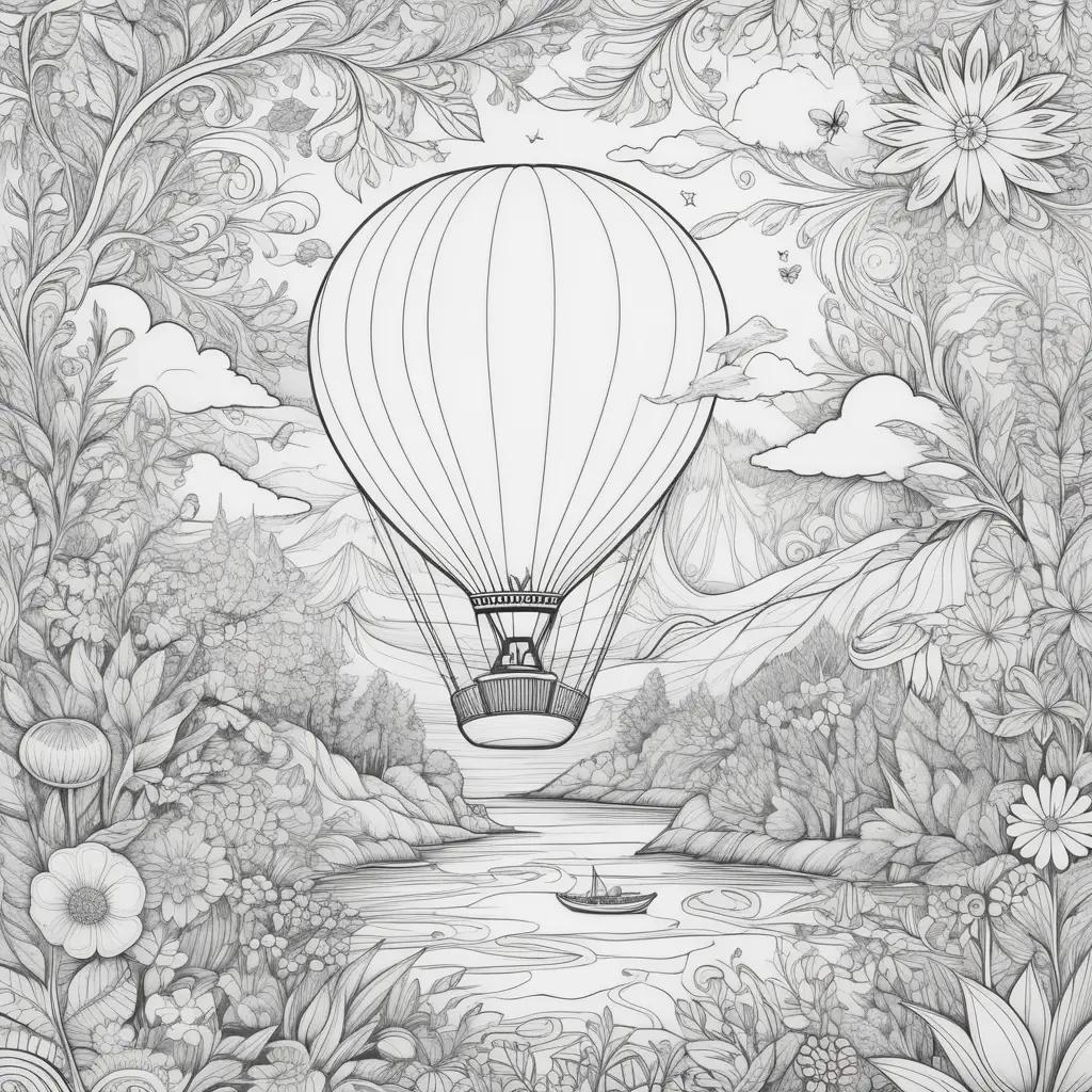 hot air balloon floats over a serene landscape with a boat and a flower in the foreground