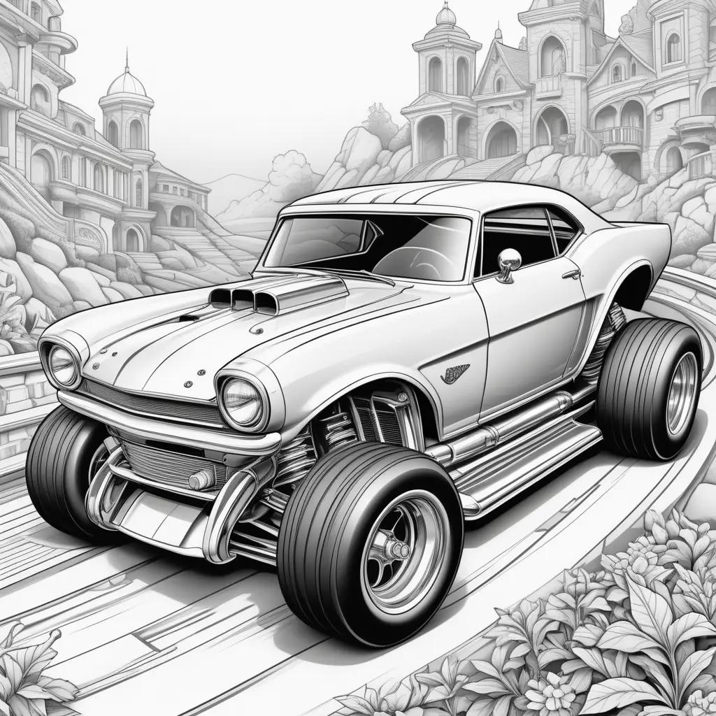 hot wheels car coloring page with buildings in the background