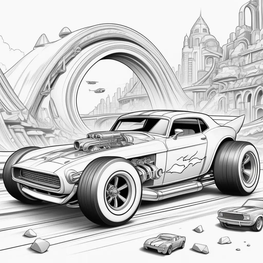 hot wheels coloring page features a car and a city