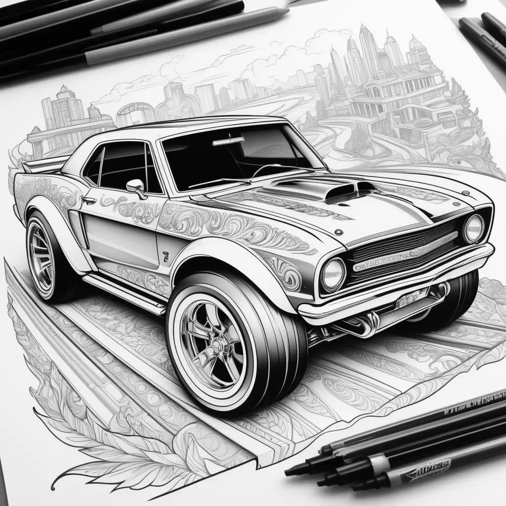 hot wheels coloring page of a car with a city background