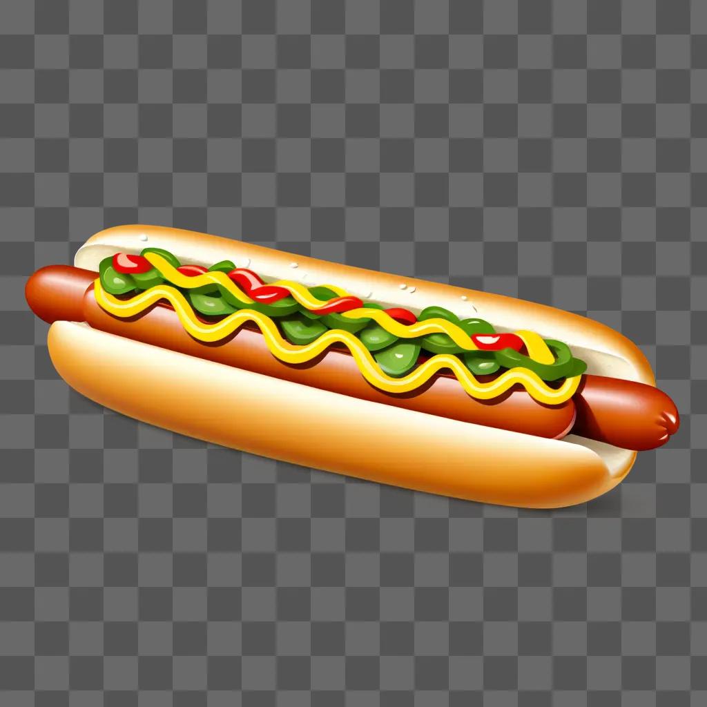 hotdog with condiments and ketchup on a brown background